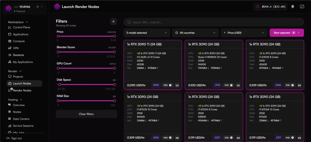 Pick and rent GPU hardware